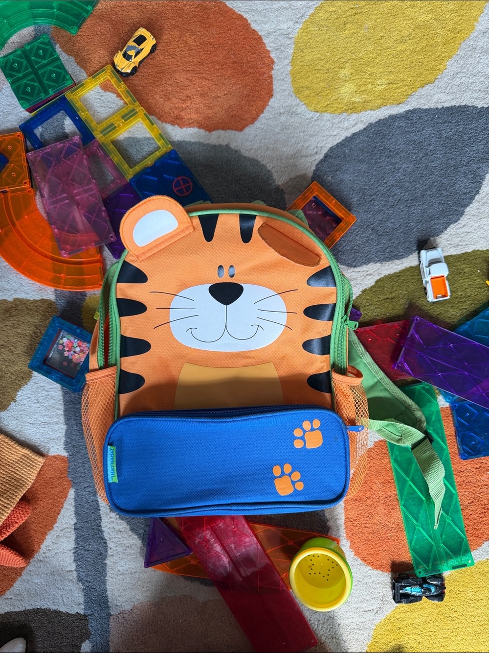 Kids Tiger Backpack with Blue Paw Print Pouch - Orange and Blue